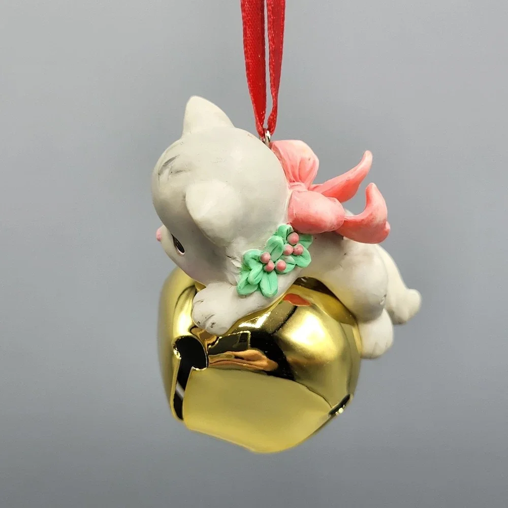 Vintage Precious Moments Cat Jingle Bell Ornament 2006 Kitten Pink Bow White